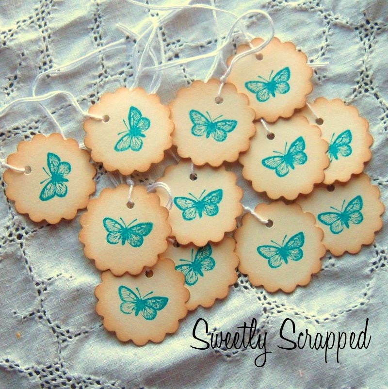 BUTTERFLY Hang Tags - Teal Aqua Turquoise Blue, Scalloped Circle, Hand Aged, Vintage Inspired 12