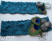 SomeThing Blue II  Bridal Peacock Garter Set on Stretch Lace with Dupioni Silk Rosettes and Rhinestone Accents