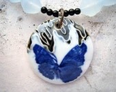 Necklace with porcelain pendant, Lucite beads, Czech firepolished beads, swallow link and silk ribbon by Esfera jewelry