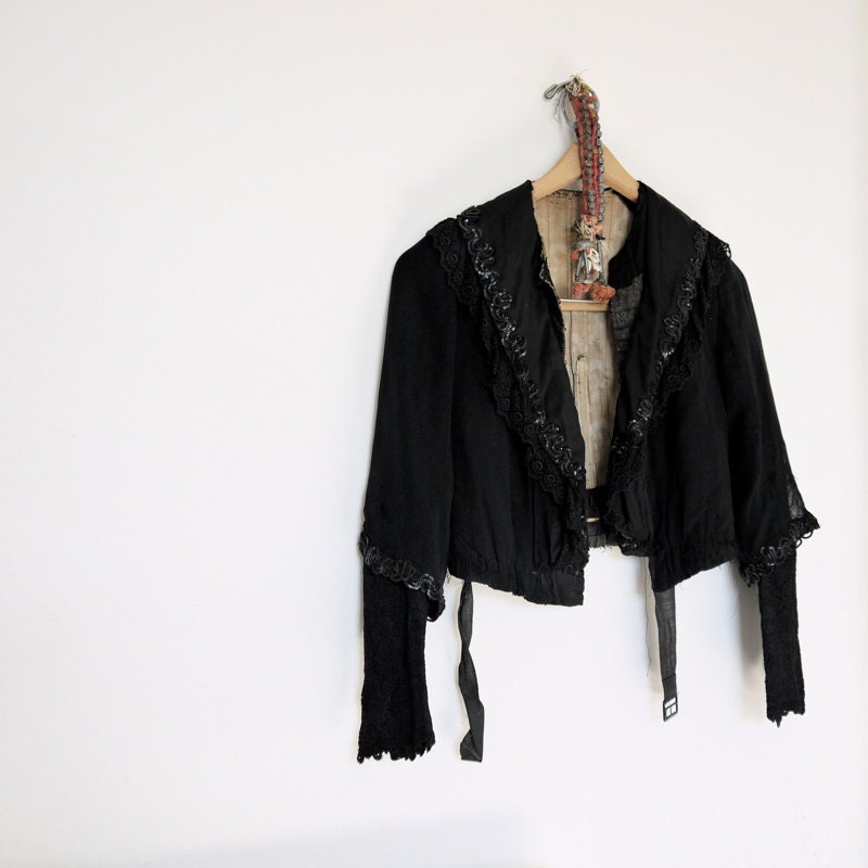 Antique Victorian jacket black with boning jet beading lace and sequins mourning outift