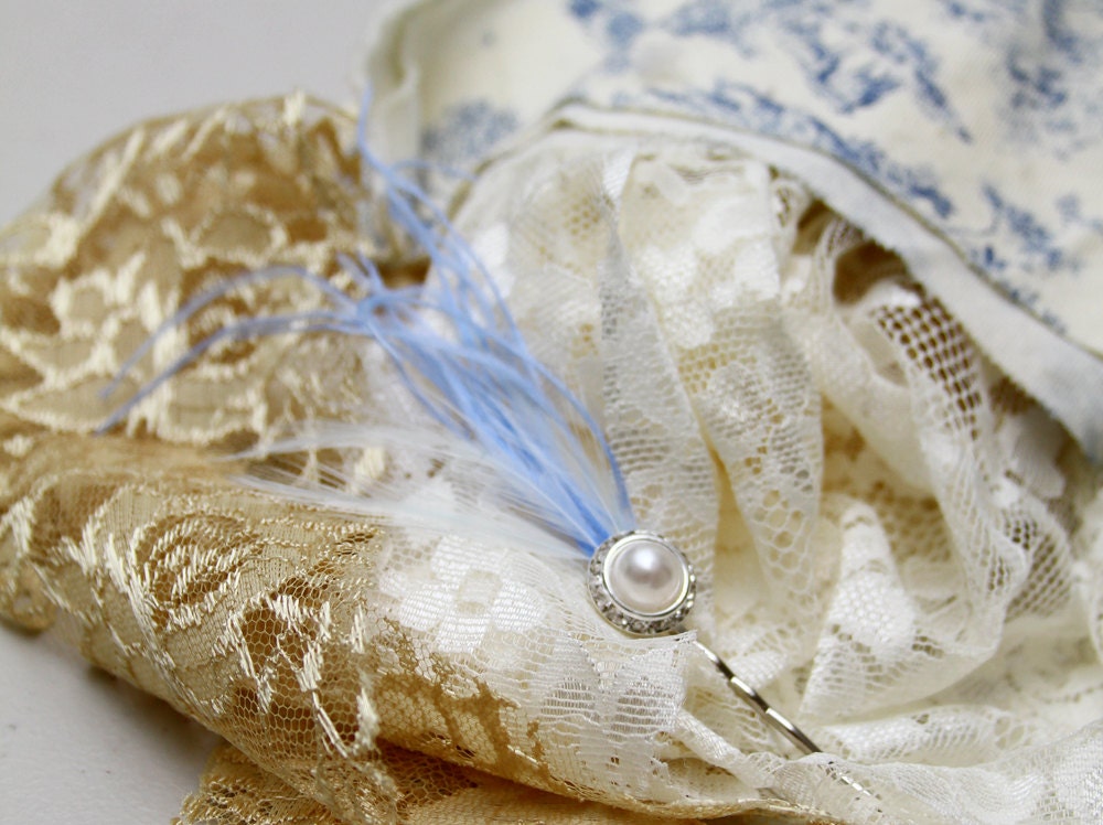Something blue feather pearl and rhinestone hair pin