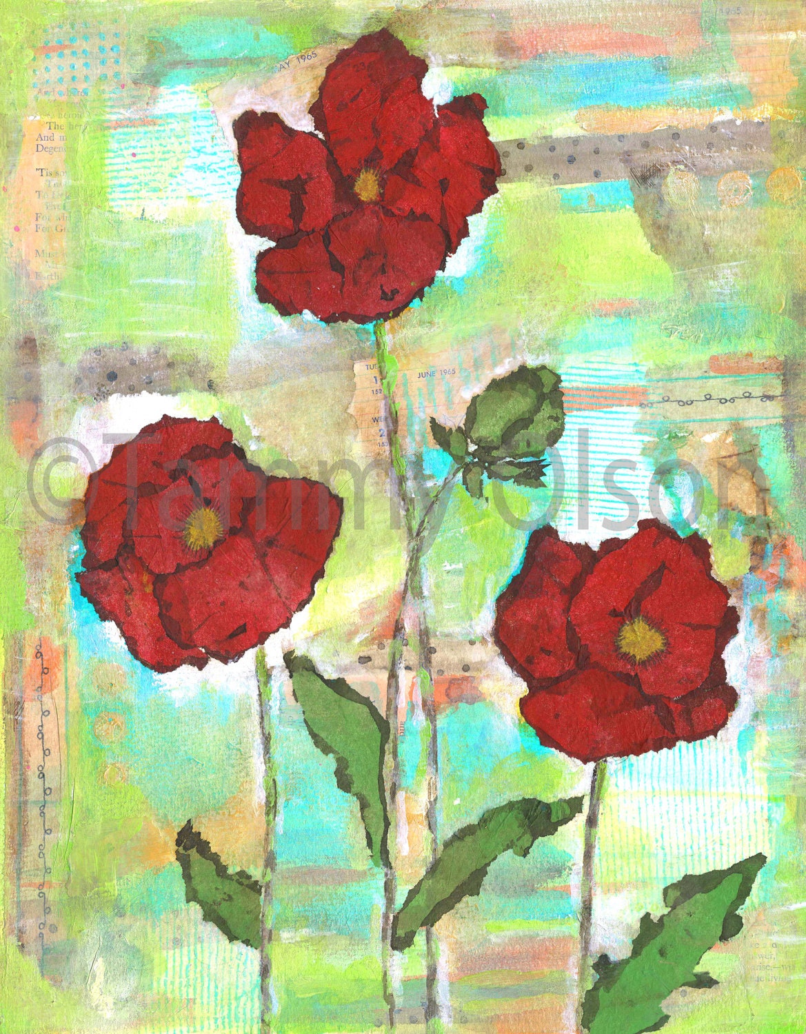 Mixed media painting, red poppies, flowers,  garden,  collage,  8 x 10 Limited edition print 1/250,  "Like a Distant Answer"