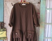 linen dress tunic in chocolate brown with hanging pockets