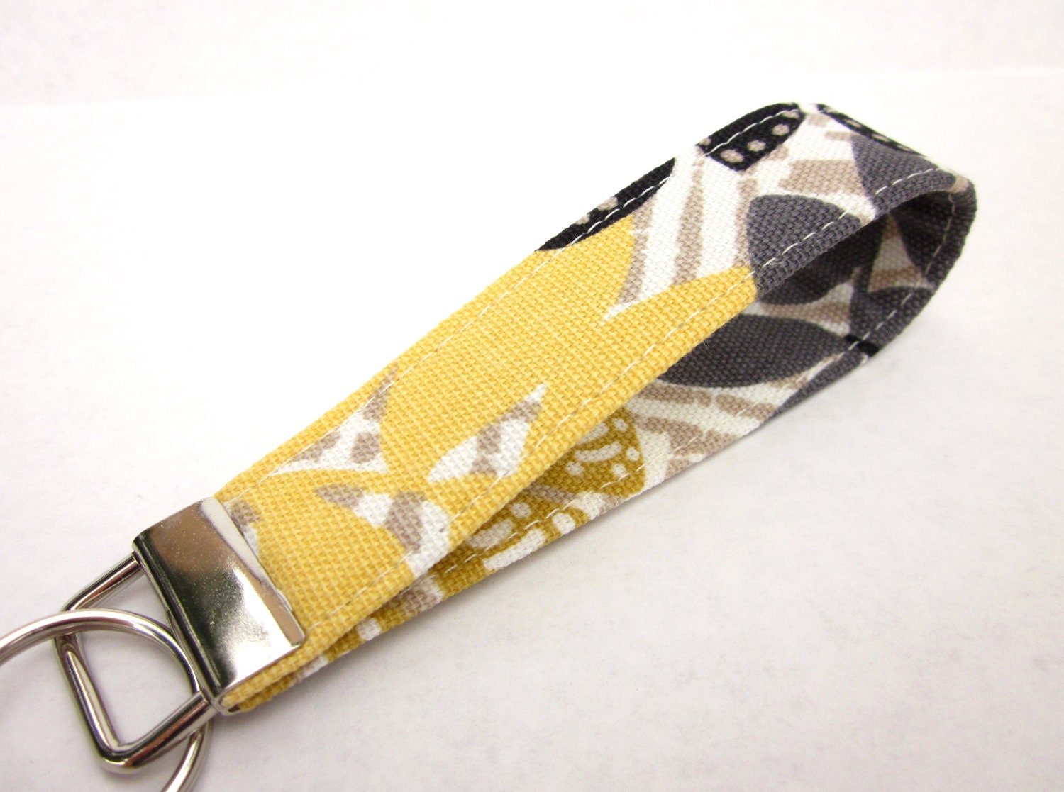 Key Fob, Key Chain, Wrist Strap in Gray Black and Yellow Leaves by Waterpath