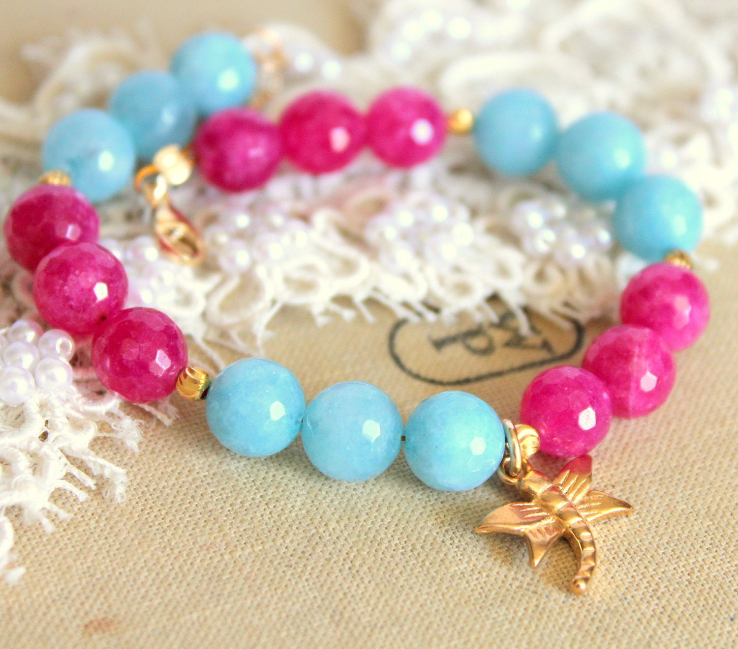 Pink aqua semi precious agate - elegant classic gem stone bracelet with agate and 14k goldfield Dragonfly.
