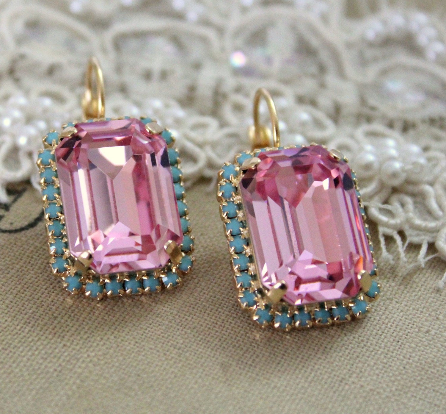 Crystal pink earring - 14k plated gold hook earrings real swarovski rhinestones .