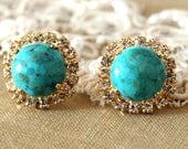 Real turquoise and Crystal stud earring