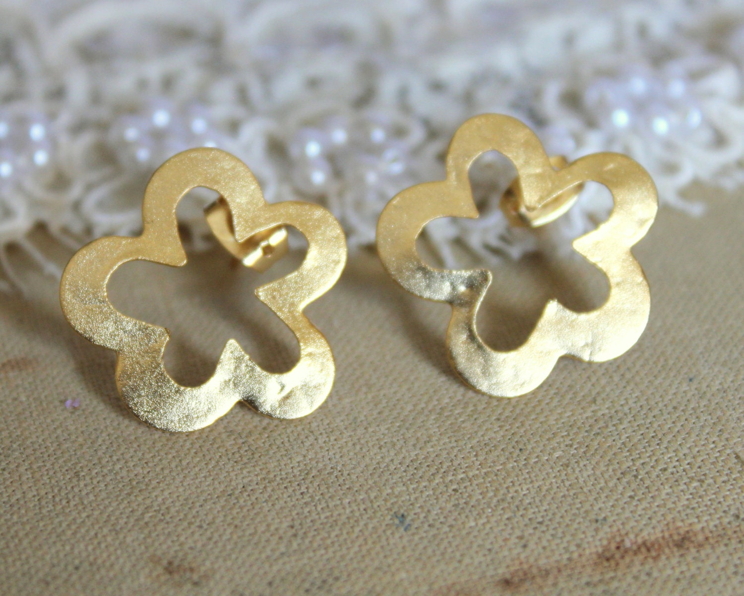Gold stud flower earrings plated real gold - elegant 14k gold matte coated post earrings