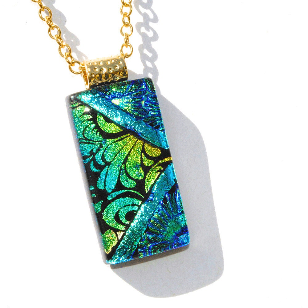Fleur De Lis, Dichroic Glass Pendant, Fused Glass Jewelry, Contemporary, French, Unique, Floral, Garden, Blue Gold Green Teal (Item 10456-P)