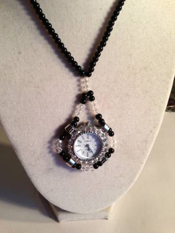 Watch Necklace Watch Pendant Black and Crystal Silver Jewelry Jewellery Beaded Pendant Unique Time Piece Clock Round
