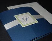 Blue and green wedding invitation, blue pocketfold, monogram pocketfold, custom colors, custom sample