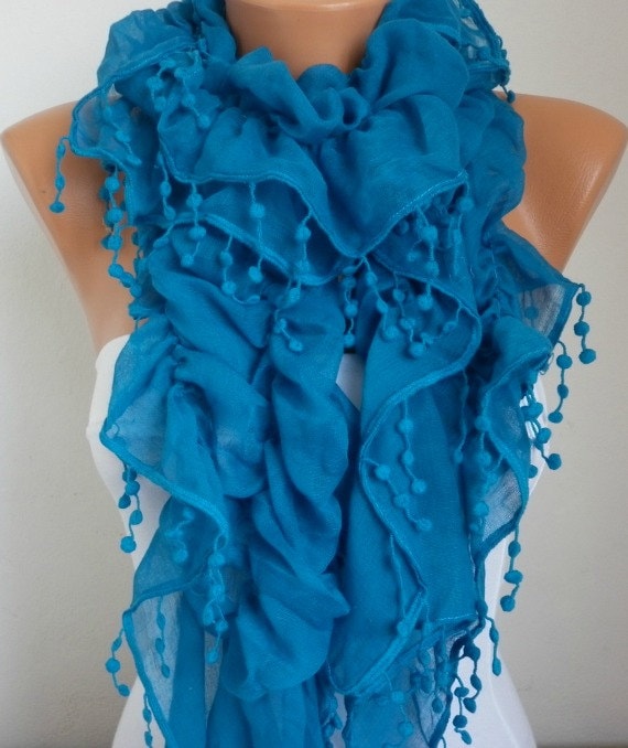 Blue Ruffle Scarf Cotton Scarf - fatwoman