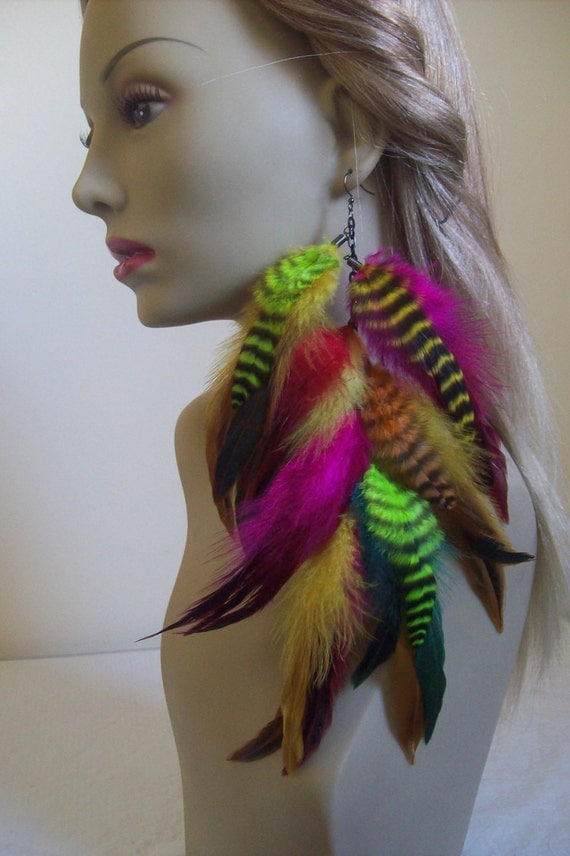 Fuschia Yellow Turquoise Orange Lime Green Grizzly Single Feather Earring