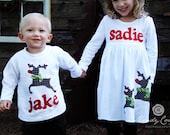 Christmas Dress Shirt Set - Brother Sister Sibling Set -  Christmas Applique Outfits