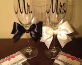 Mr. and Mrs. Wedding Champagne Flutes with "I Do" and "Me Too" Shoe Decals for Bride and Groom