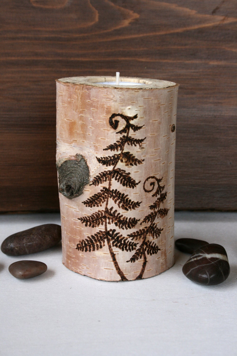 Woodland Fern - Tealight Candle Holder - Woodburning on Birch