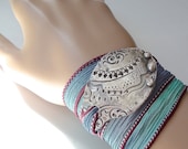 Eco Friendly Silver Modern Tribal Silk Wrap Bracelet, Lotus Petal, Yoga Jewelry, Artisan Silk, Bohemian, On Trend, Autumn Fashion Accessory