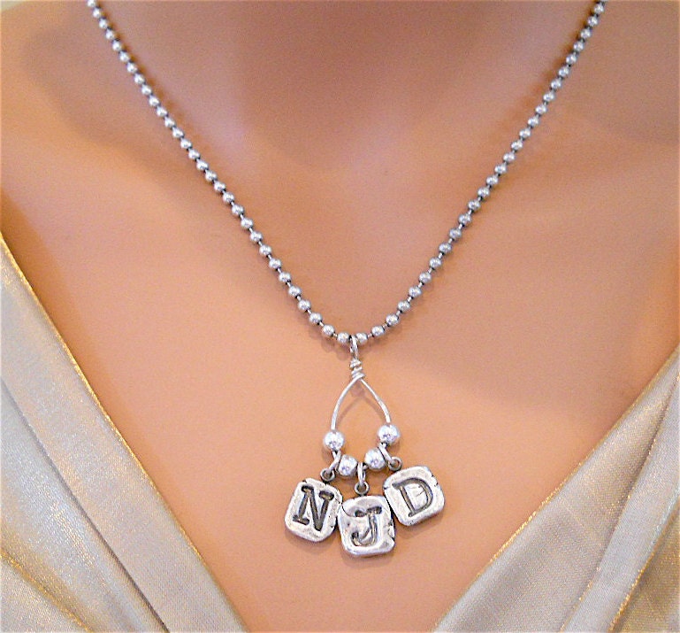Personalized Silver Initial Necklace, Eco friendly Charm Holder, Three Letters, Custom Pendant, Fashion Accessory New Mom Gift