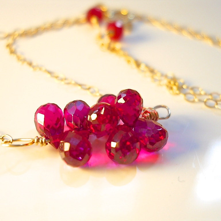 MOTHERS DAY Raspberry Quartz Bubble Briolette Necklace, 14k Gold Filled, Pink Red Ruby Accents, Magenta Fuschia SPRING Fashion Accessory