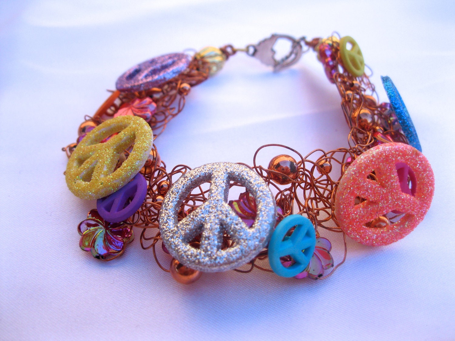 PEACE DUDE: (Peace Sign Button Charms, Copper beads and Copper Wire in a Wire Crochet Charm Bracelet)