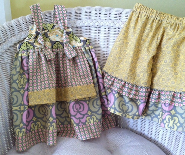 Apron Knot Dress & Ruffle Capris Outfit - Amy Butler Garden Maze, girls sizes 6 month - 5
