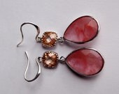Mixed Melon Shiny Silver Rhodium Framed Faceted Glass Set Stones Dangle Earrings - Light Peach and Grape Fruit Pink Colored Glass Stones