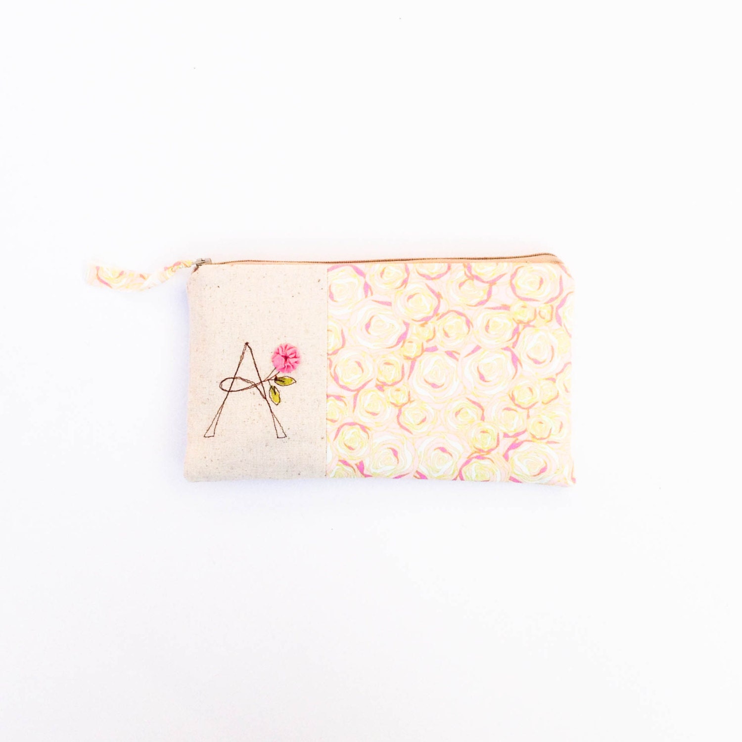 personalized bridesmaid gift, initial clutch purse, bridesmaid clutch bag, pastel roses, pink and yellow, letter A, MADE to ORDER