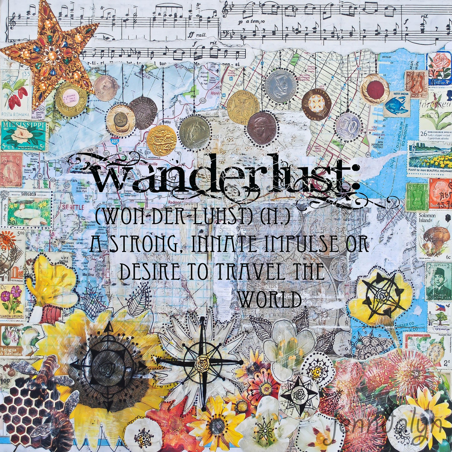 Travel art wanderlust print - 10 x 10 PRINT mixed media