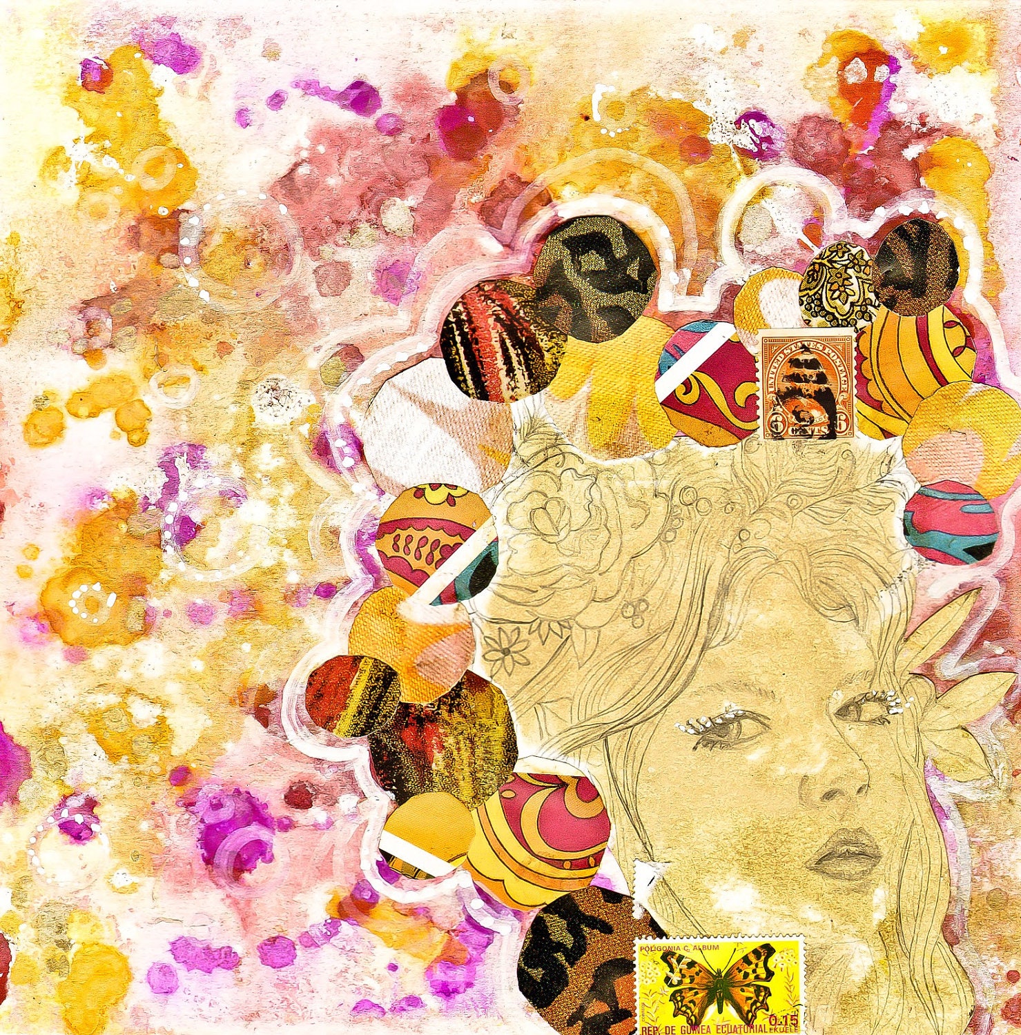 Day 8 - original mixed media painting 40 works in 40 days project magenta orange yellow female face - Jenndalyn