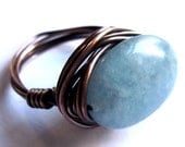 Copper Wire Wrap Ring Blue Aquamarine Stone Fashion Jewelry