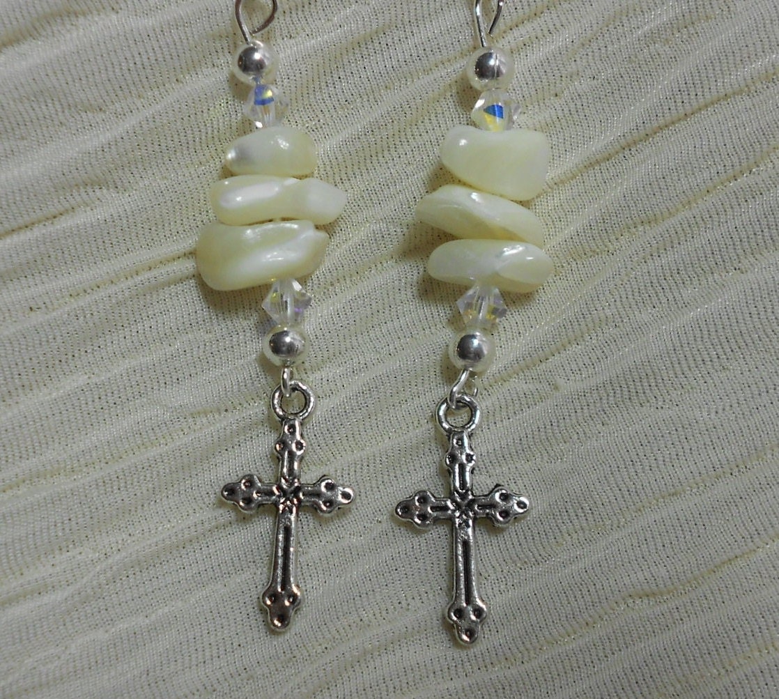 Cross Earrings Mother of Pearl Shell Dangle Earrings