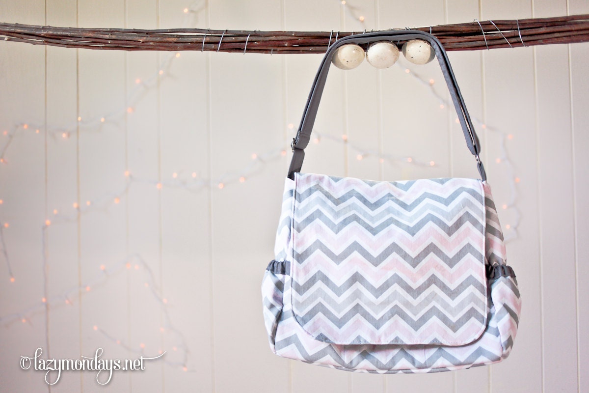 Pink and Gray Chevron Diaper Bag Set