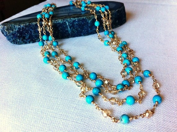 Turquoise long  necklace,14 Kgold filled, Swarovski crystals