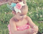 lace romper with matching headband- coral romper with coral, ivory and aqua silk bow and shabby headband