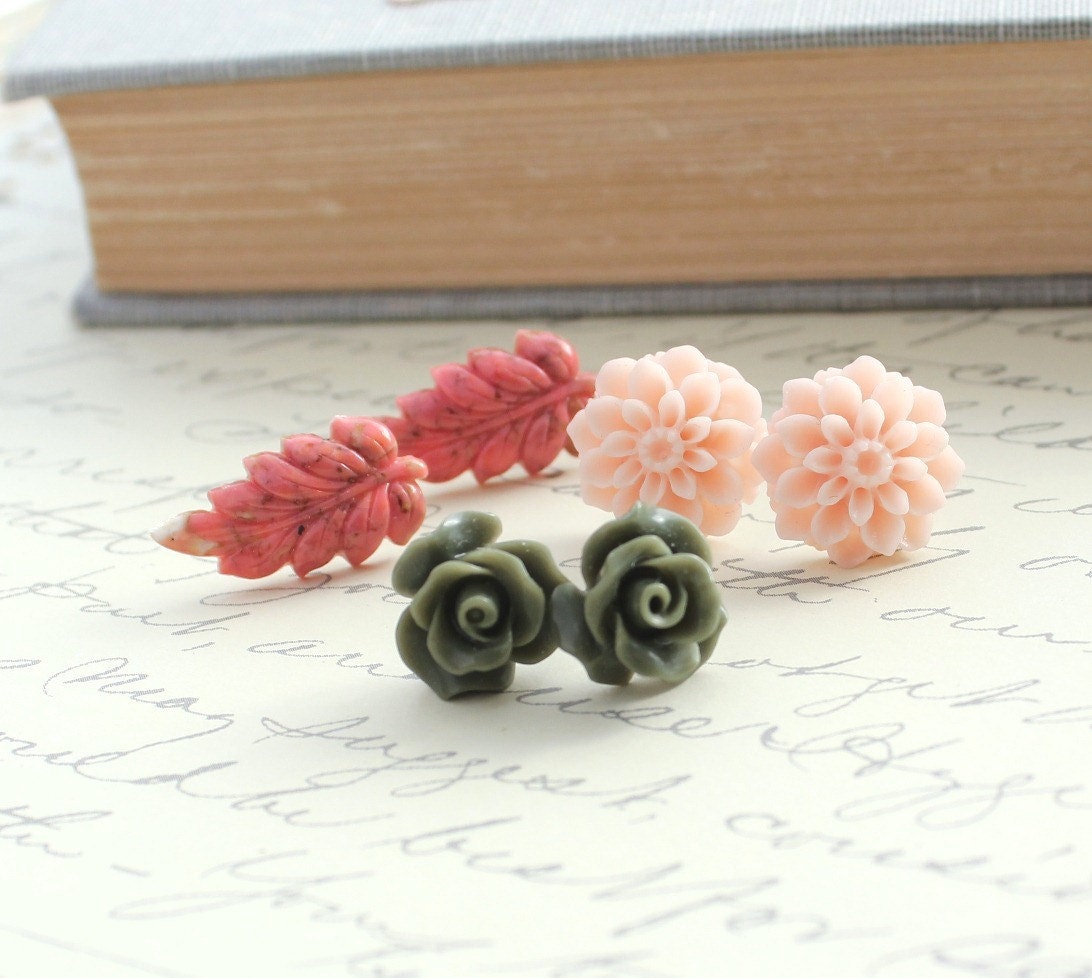 Rose Stud Earrings, Flower Studs, Resin Jewellery, Pale Pink Peach, Coral Pink Leaf, Khaki Green Rose, Shabby Chic Jewelry