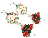 White Dangle Earrings, Red Lampwork Earrings, Glass Bead Earrings, Christmas Earrings, Green Beadwork Earrings, Flower Lampwork Jewelry