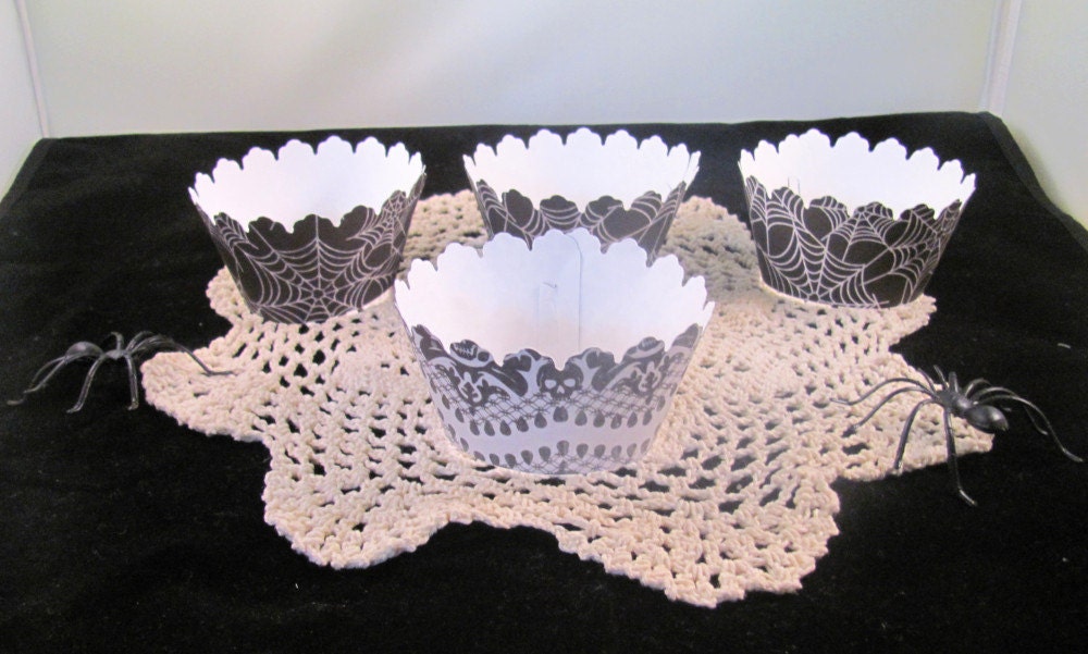Black & White Halloween Cupcake Wrappers featuring Spiderwebs and  Skulls and Damask Print