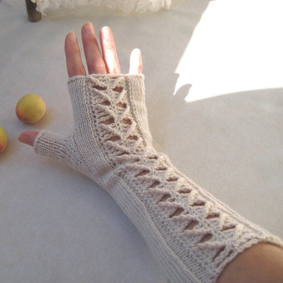 Long Knit Fingerless Gloves Fingerless Mittens Lace Rib Elegant Antique White Wedding Bridal Romantic Women Handmade by Dimana