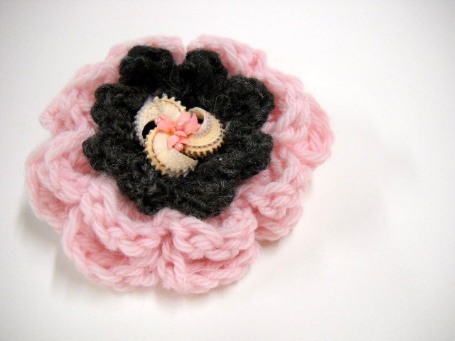 Flower Brooch, Womens Accessories, Crocheted Flower Pin, Lapel Pin, Scarf Pin, Handmade Flower Brooch, Pink, Black