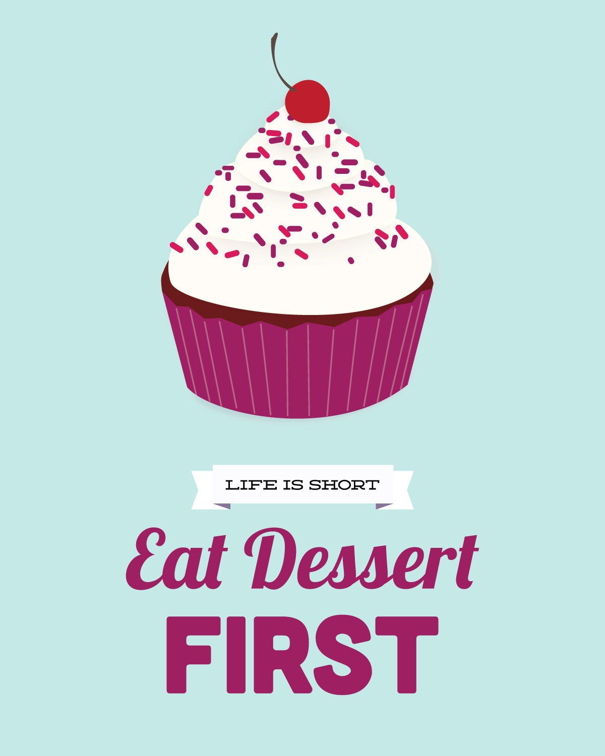 Eat Dessert First, kitchen art print, blue & plum: 8 x 10