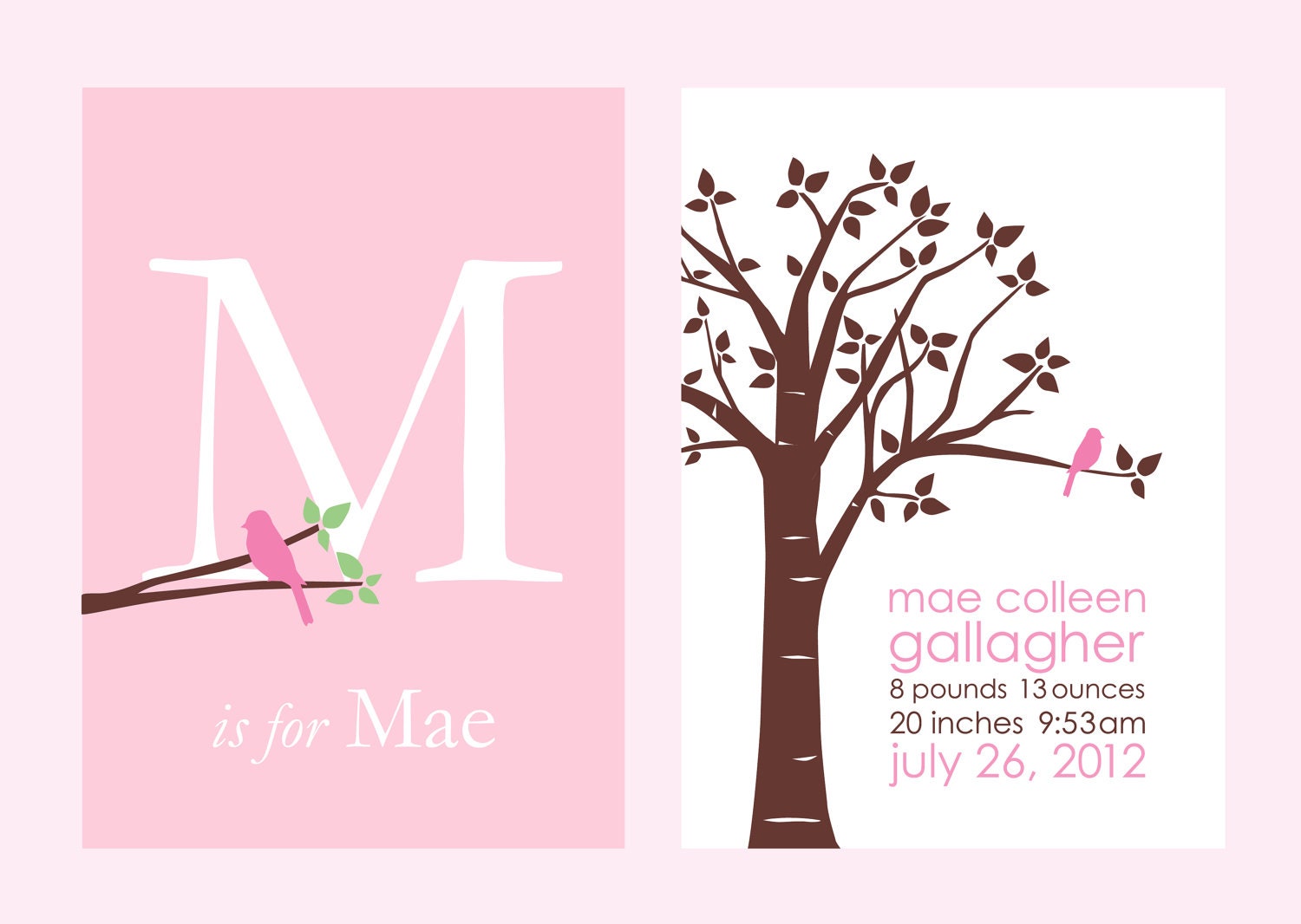 Personalized Custom Baby Name/Birthdate Print and Initial/Monogram Print-  Set of two 5"x7" prints (Pink/White)