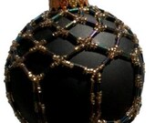 Hand beaded Christmas Ornament Case - Black and Gold Beadwork - Black Glass 8 Inch Ball