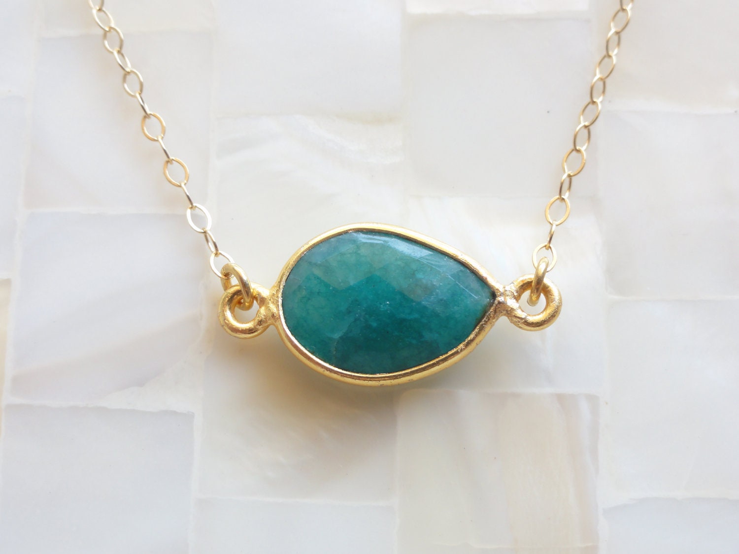 Faceted Emerald Vermeil Bezel Connector on Gold Chain Necklace