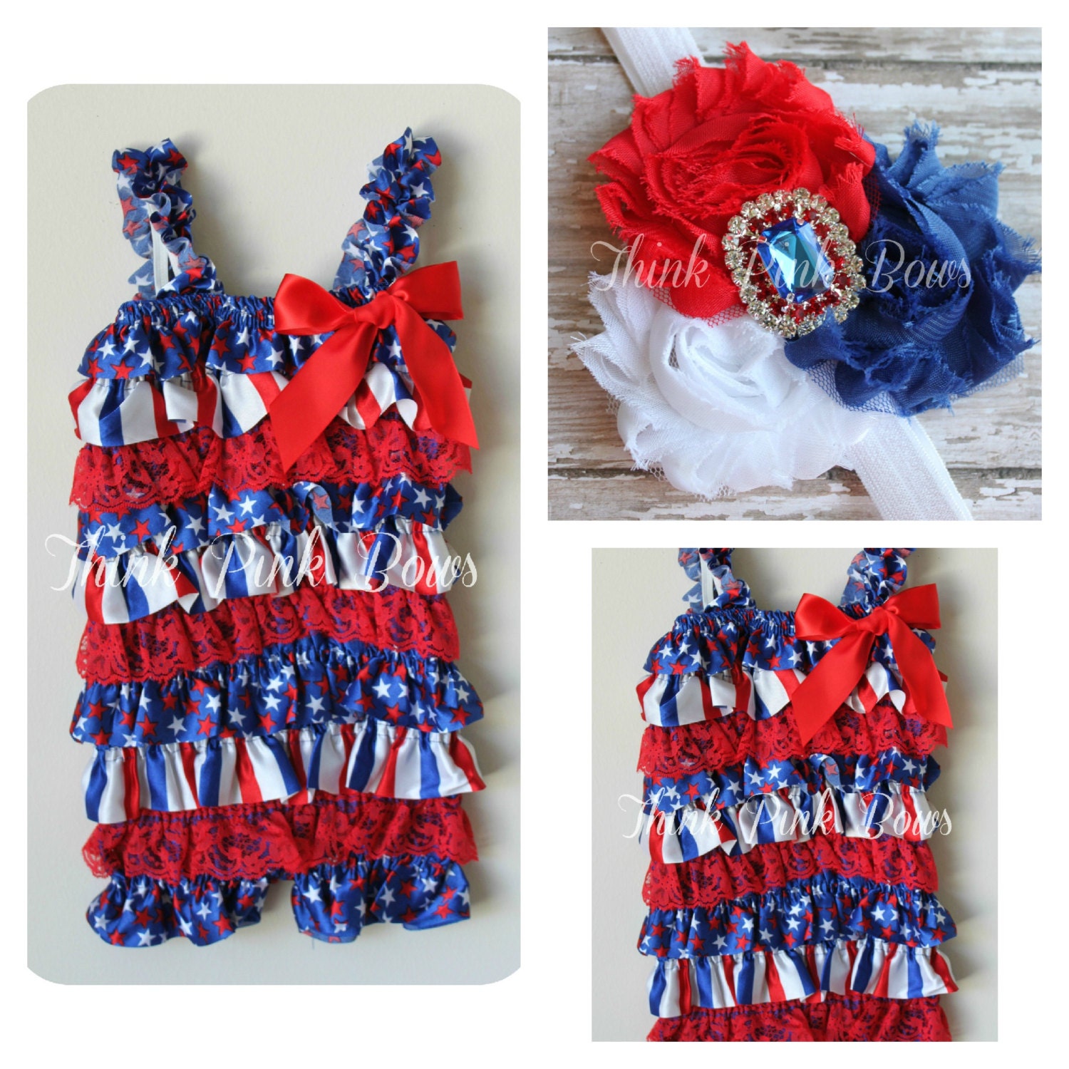 SALE Patriotic lace romper and headband SET, petti romper,baby headband, flower headband,vintage inspired headband and lace petti romper.