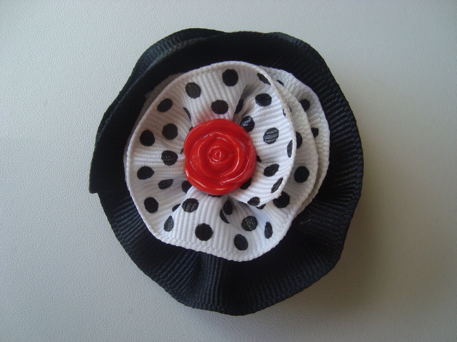 Black and White with Black Dots Ribbon and Red Rose Button Center Hair Clip