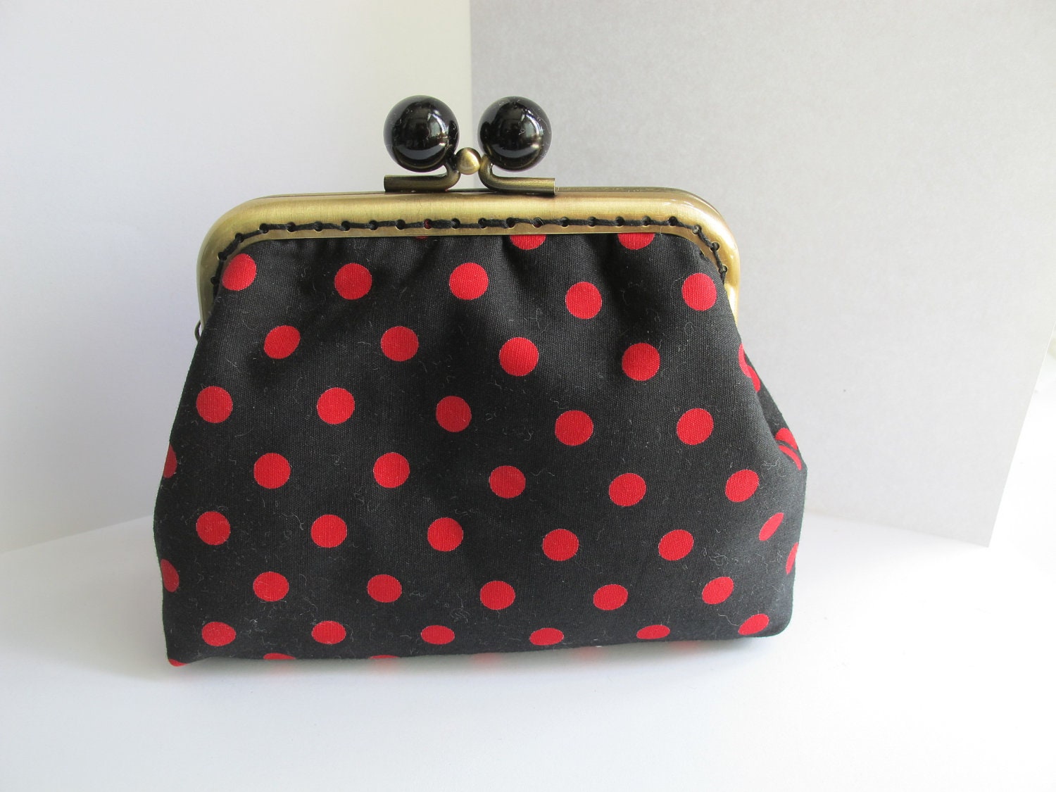 FREE SHIPPING - Handmade Coin Purse Red Dots in Black
