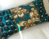 Teal Peacock Floral Bolster Pillow ooak patchwork cover - naturalcotton back - 12" x 22"