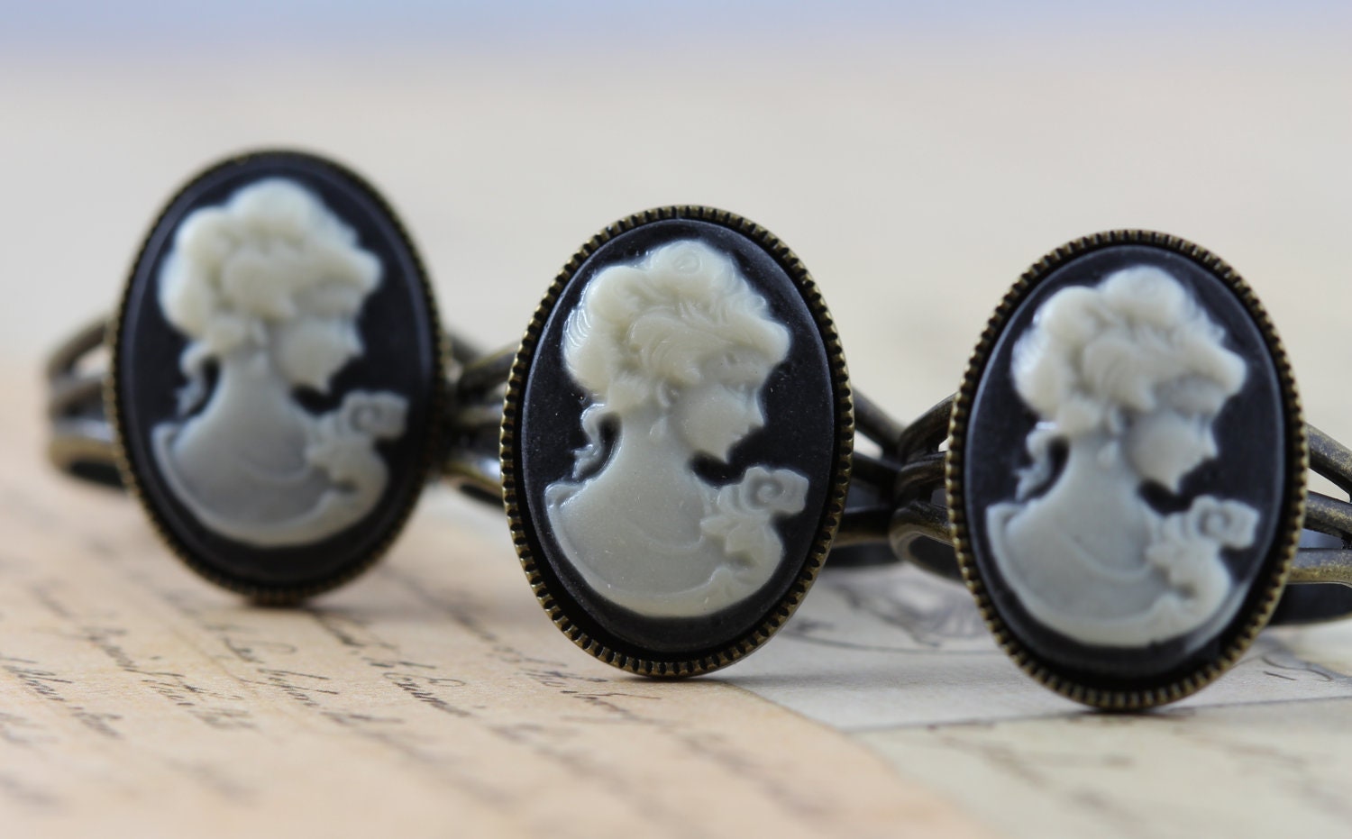 Bridesmaids Jewelry Cameo Rings Wedding Jewelry Black & White 3  Maid of Honor Gift Flower Girl - Brass Handmade by Inspired by Elizabeth