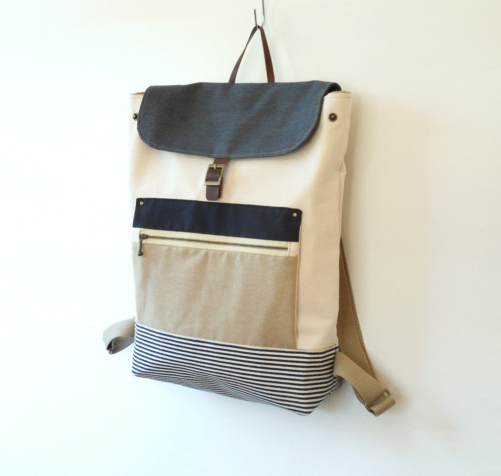 Natural Ivory Canvas Backpack with Stylish Front Zipped Pocket, Unique Design of BagyBag
