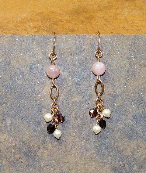 Bronze, Pink Aquamarine, Crystal and Pearl Dangle Earrings